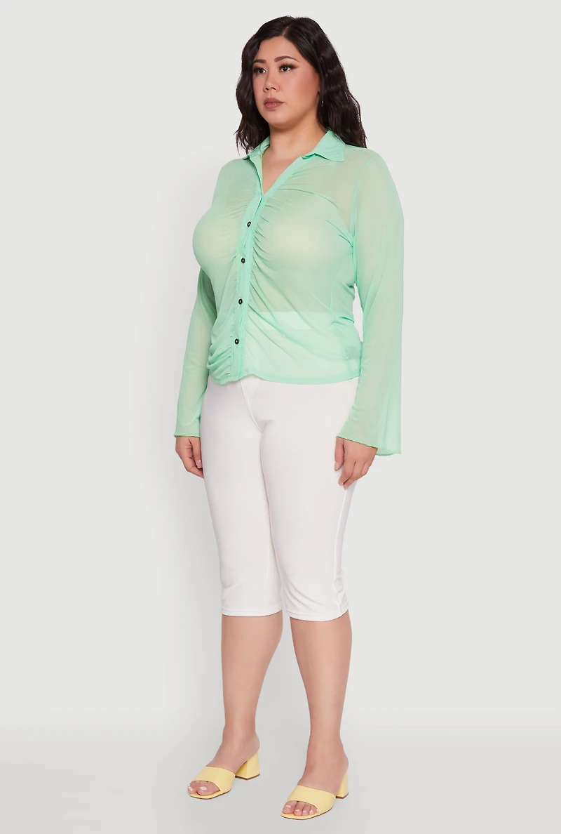 Womens Plus Size Sheer Long Sleeve Shirt with Ruching, Green, Size 1X