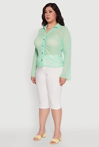 Womens Plus Size Sheer Long Sleeve Shirt with Ruching, Green, Size 1X