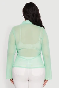 Womens Plus Size Sheer Long Sleeve Shirt with Ruching, Green, Size 1X