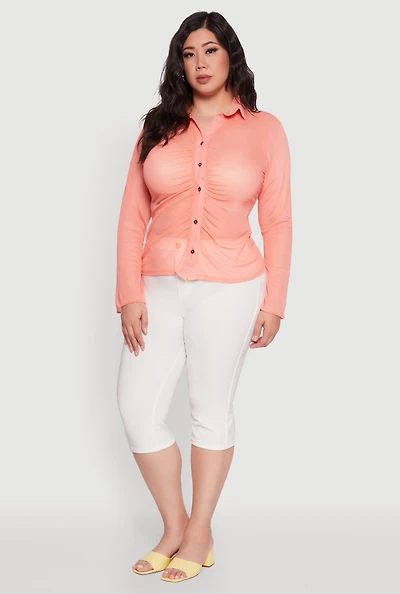 Womens Plus Size Sheer Long Sleeve Shirt with Ruching, Pink, Size 3X