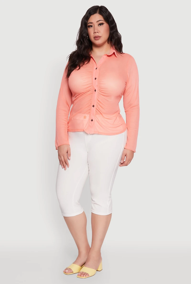 Plus Sheer Long Sleeve Shirt with Ruching