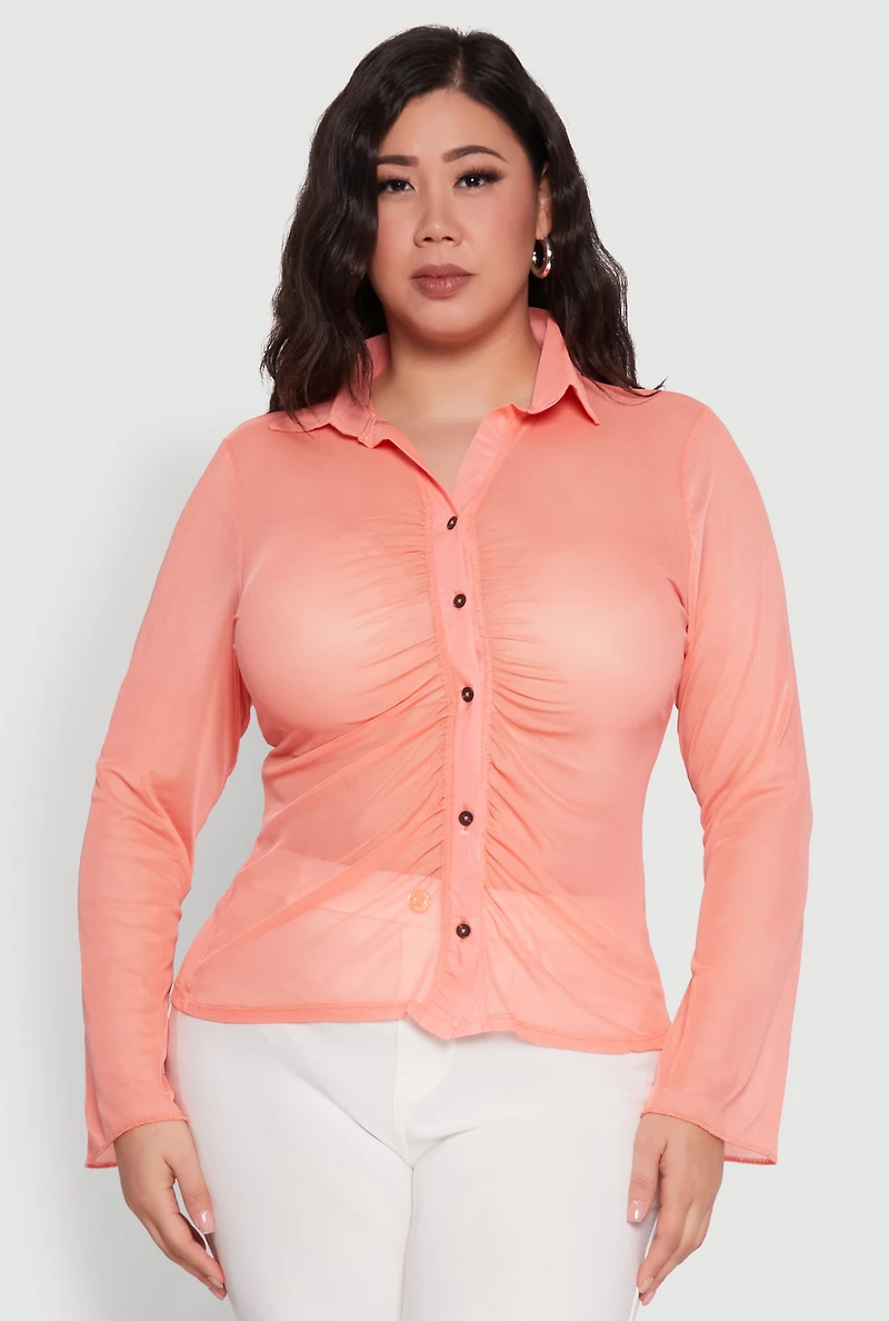 Womens Plus Size Sheer Long Sleeve Shirt with Ruching, Pink, Size 3X