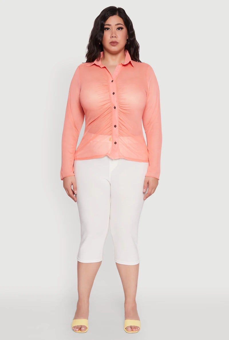 Womens Plus Size Sheer Long Sleeve Shirt with Ruching, Pink, Size 3X