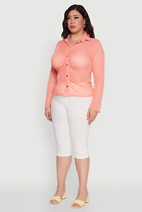 Womens Plus Size Sheer Long Sleeve Shirt with Ruching, Pink, Size 3X