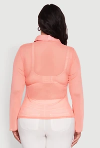 Womens Plus Size Sheer Long Sleeve Shirt with Ruching, Pink, Size 3X