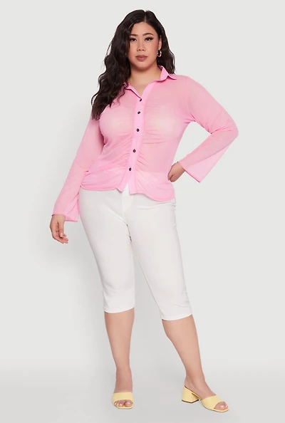 Womens Plus Size Sheer Long Sleeve Shirt with Ruching, Pink, Size 4X