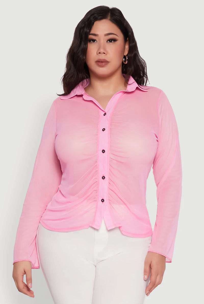 Womens Plus Sheer Long Sleeve Shirt with Ruching, Pink,