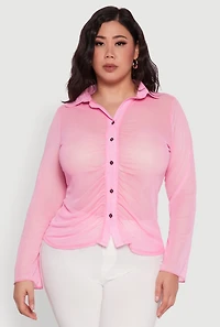 Womens Plus Size Sheer Long Sleeve Shirt with Ruching, Pink, Size 2X