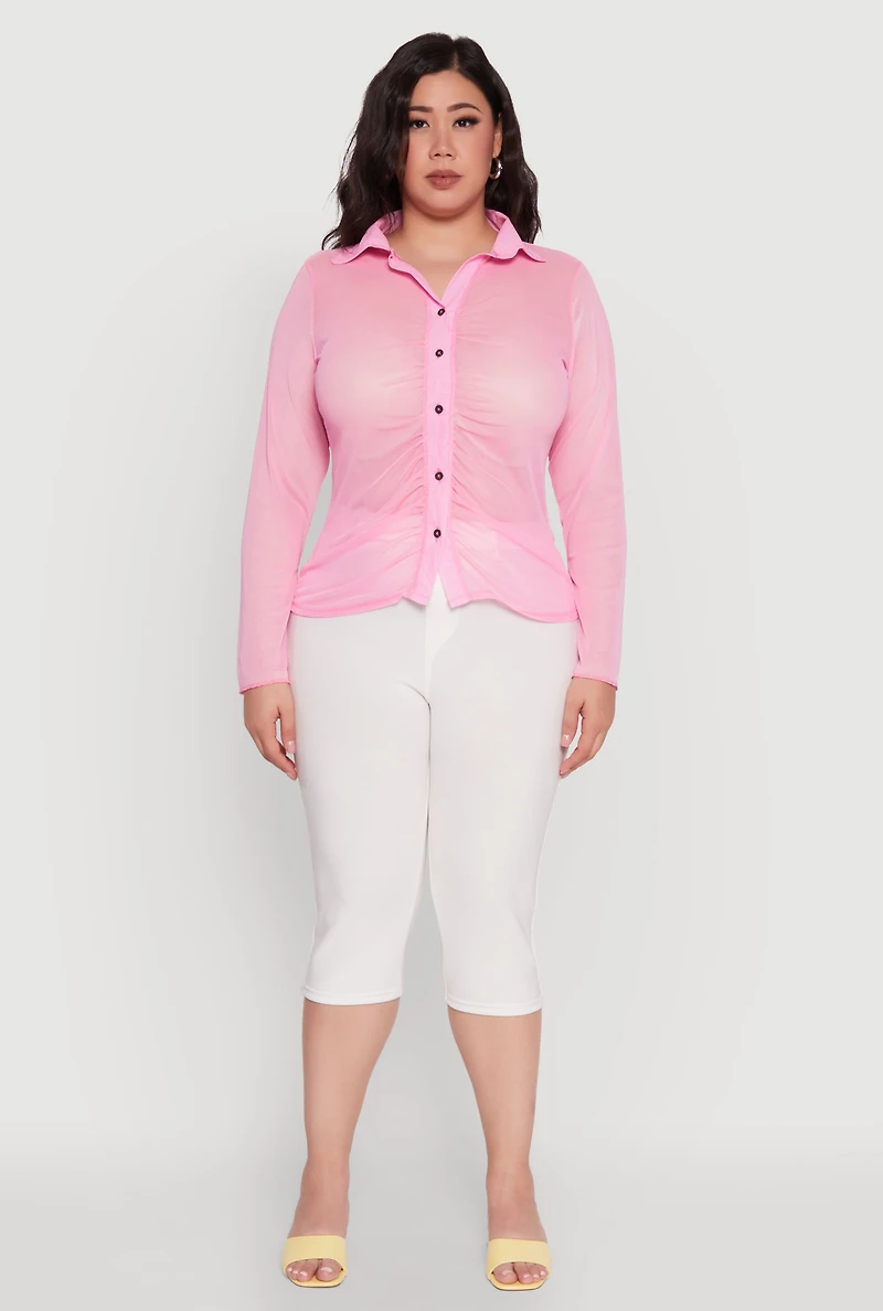 Womens Plus Sheer Long Sleeve Shirt with Ruching, Pink,