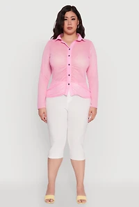 Womens Plus Size Sheer Long Sleeve Shirt with Ruching, Pink, Size 2X