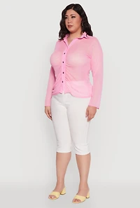 Womens Plus Sheer Long Sleeve Shirt with Ruching, Pink,