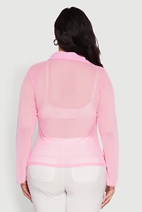 Womens Plus Size Sheer Long Sleeve Shirt with Ruching, Pink, Size 2X