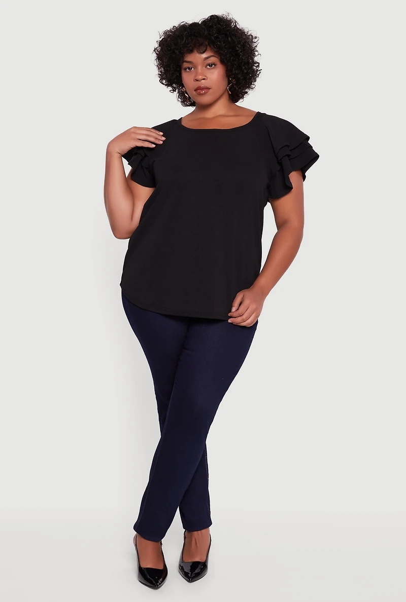 Womens Plus Size Crepe Knit Tiered Short Sleeve Blouse, Black, Size 4X