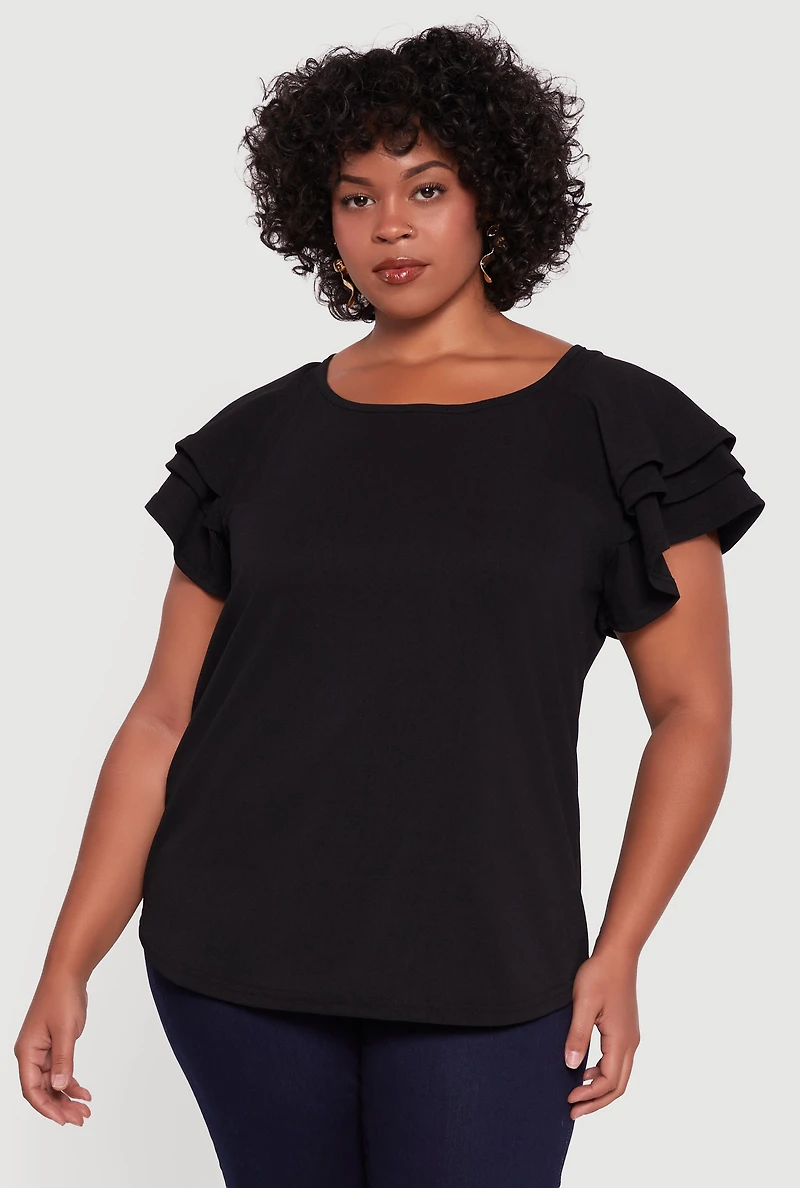 Womens Plus Size Crepe Knit Tiered Short Sleeve Blouse, Black, Size 4X