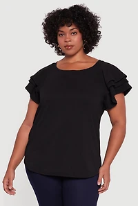 Womens Plus Size Crepe Knit Tiered Short Sleeve Blouse, Black, Size 4X