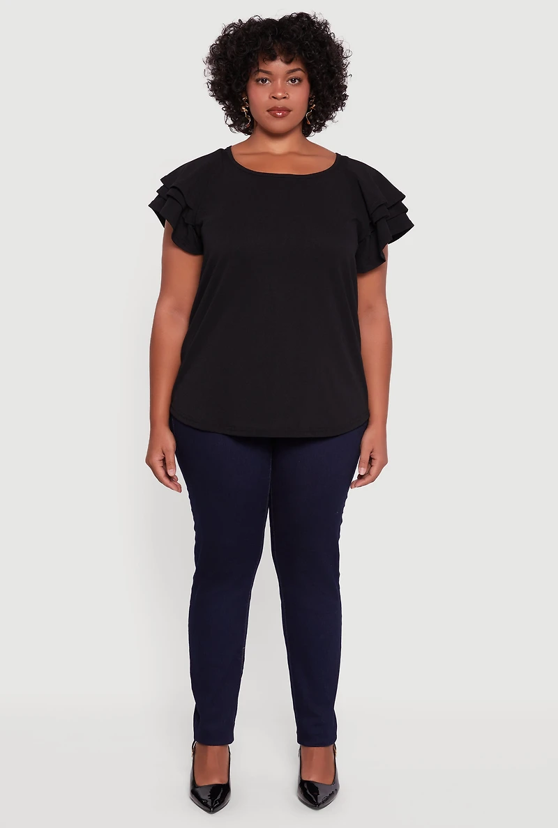 Womens Plus Size Crepe Knit Tiered Short Sleeve Blouse, Black, Size 4X