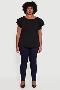 Womens Plus Size Crepe Knit Tiered Short Sleeve Blouse, Black, Size 4X