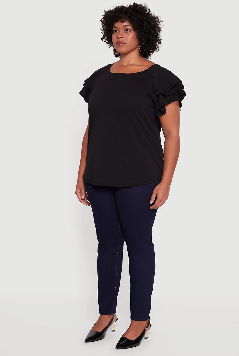 Womens Plus Size Crepe Knit Tiered Short Sleeve Blouse, Black, Size 4X