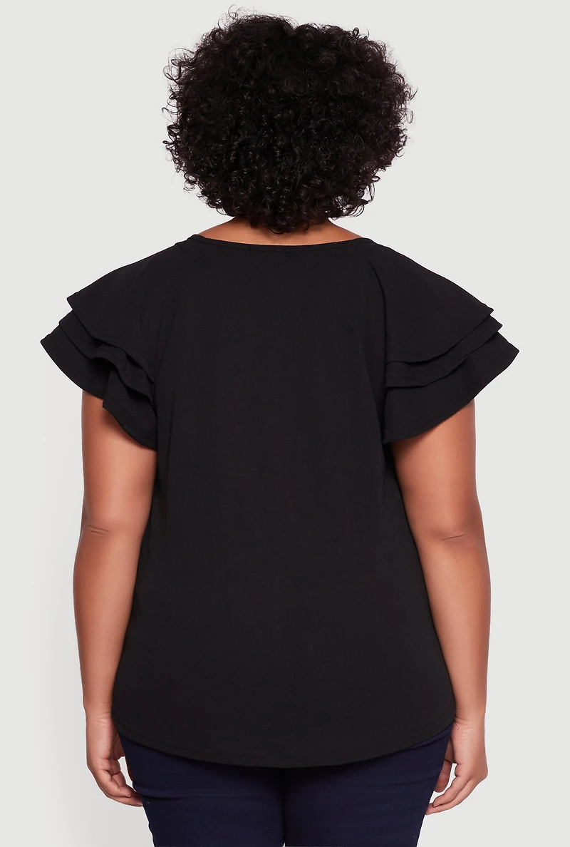 Womens Plus Size Crepe Knit Tiered Short Sleeve Blouse, Black, Size 4X