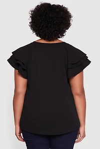 Womens Plus Size Crepe Knit Tiered Short Sleeve Blouse, Black, Size 4X