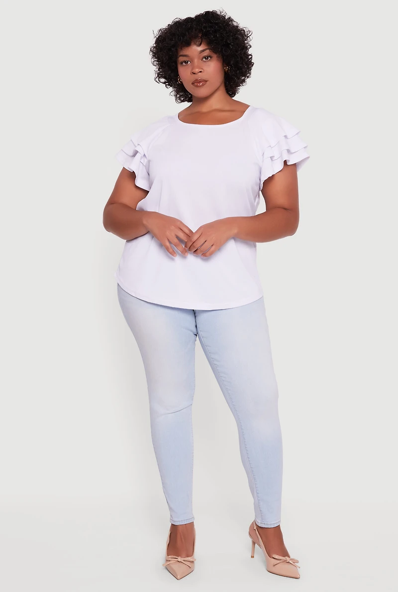 Womens Plus Crepe Knit Tiered Short Sleeve Blouse, White,