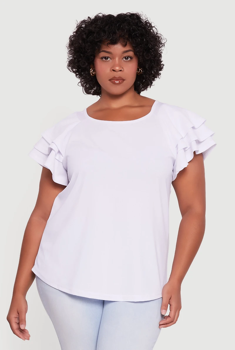 Womens Plus Crepe Knit Tiered Short Sleeve Blouse, White,