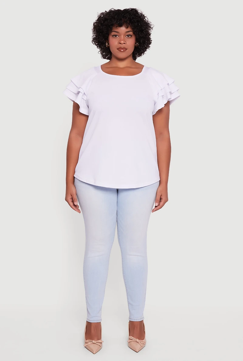 Womens Plus Crepe Knit Tiered Short Sleeve Blouse, White,
