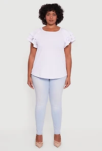 Womens Plus Crepe Knit Tiered Short Sleeve Blouse, White,