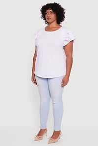 Womens Plus Crepe Knit Tiered Short Sleeve Blouse, White,