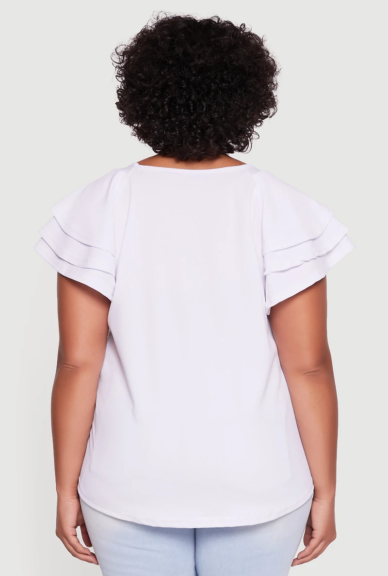 Womens Plus Crepe Knit Tiered Short Sleeve Blouse, White,