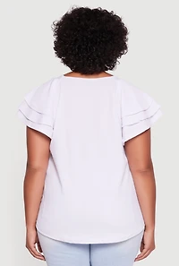 Womens Plus Crepe Knit Tiered Short Sleeve Blouse, White,