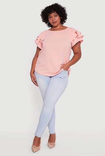 Womens Plus Size Crepe Knit Tiered Short Sleeve Blouse, Pink, Size 2X