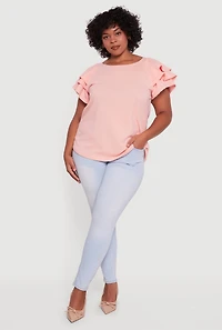 Womens Plus Size Crepe Knit Tiered Short Sleeve Blouse, Pink, Size 2X