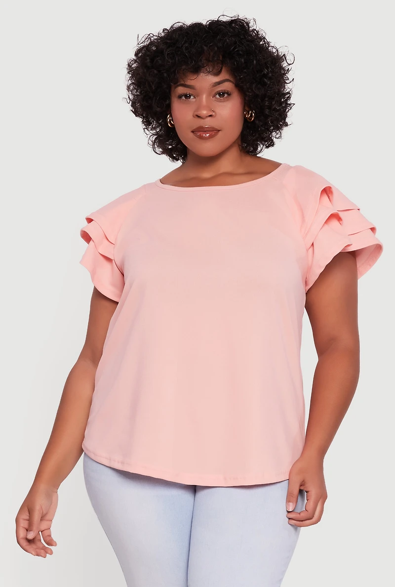 Womens Plus Size Crepe Knit Tiered Short Sleeve Blouse, Pink, Size 2X