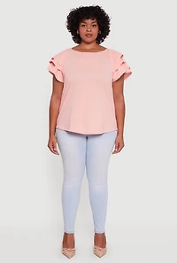 Womens Plus Size Crepe Knit Tiered Short Sleeve Blouse, Pink, Size 2X
