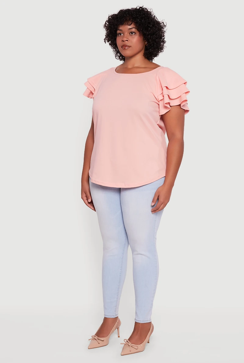 Womens Plus Size Crepe Knit Tiered Short Sleeve Blouse, Pink, Size 2X