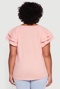 Womens Plus Size Crepe Knit Tiered Short Sleeve Blouse, Pink, Size 2X