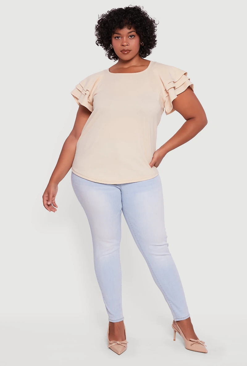 Womens Plus Size Crepe Knit Tiered Short Sleeve Blouse, Beige, Size 3X