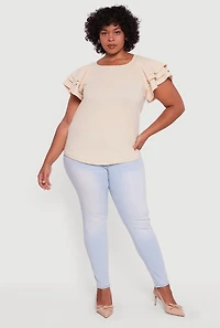 Womens Plus Size Crepe Knit Tiered Short Sleeve Blouse, Beige, Size 3X