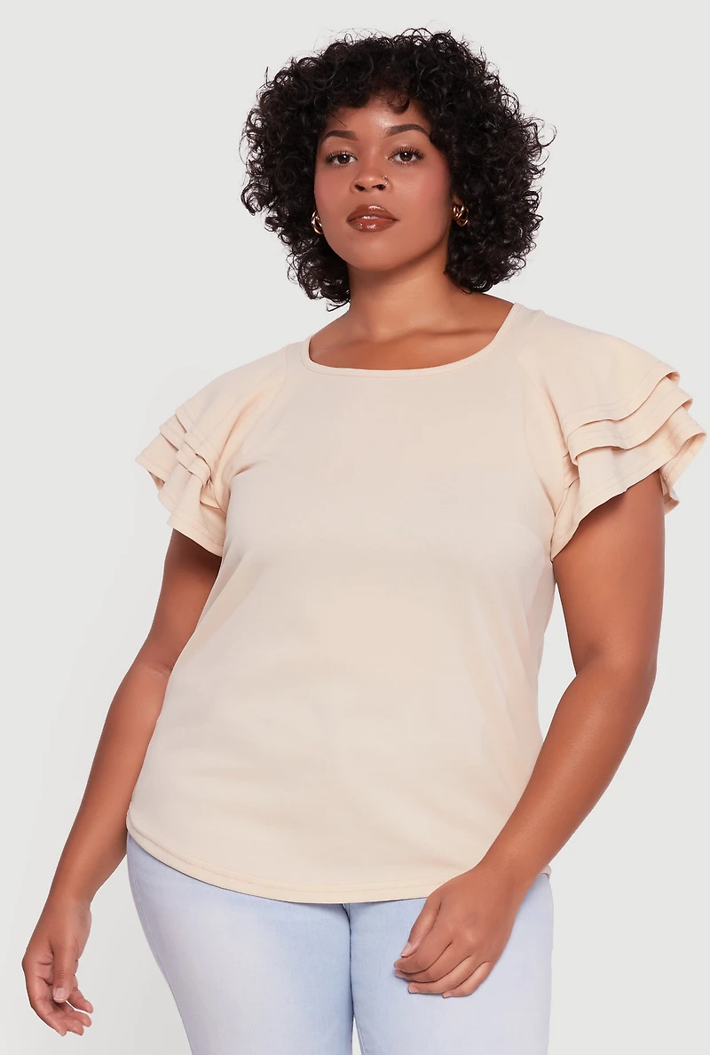 Womens Plus Crepe Knit Tiered Short Sleeve Blouse,