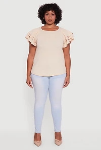 Womens Plus Crepe Knit Tiered Short Sleeve Blouse,