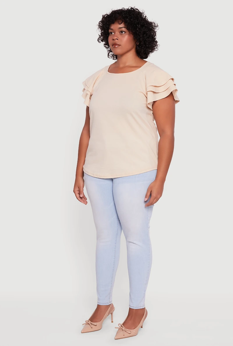 Womens Plus Crepe Knit Tiered Short Sleeve Blouse,