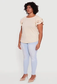 Womens Plus Crepe Knit Tiered Short Sleeve Blouse,