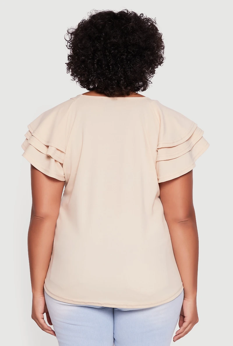 Womens Plus Crepe Knit Tiered Short Sleeve Blouse,