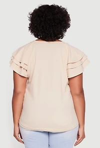 Womens Plus Crepe Knit Tiered Short Sleeve Blouse,
