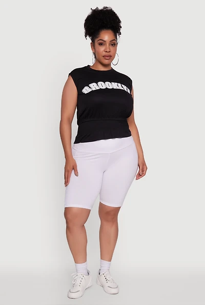 Womens Plus Size Brooklyn Queen Smocked Waist Sleeveless Top, Black, Size 1X
