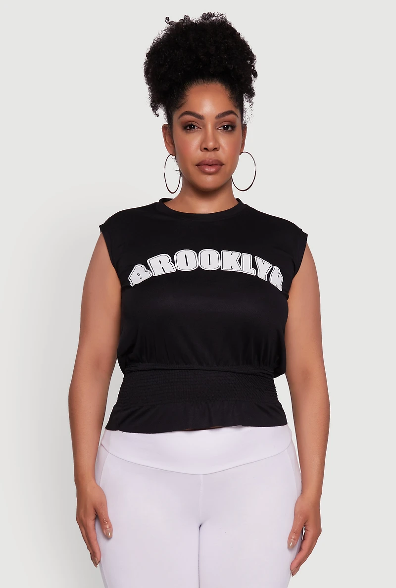 Womens Plus Size Brooklyn Queen Smocked Waist Sleeveless Top, Black, Size 2X