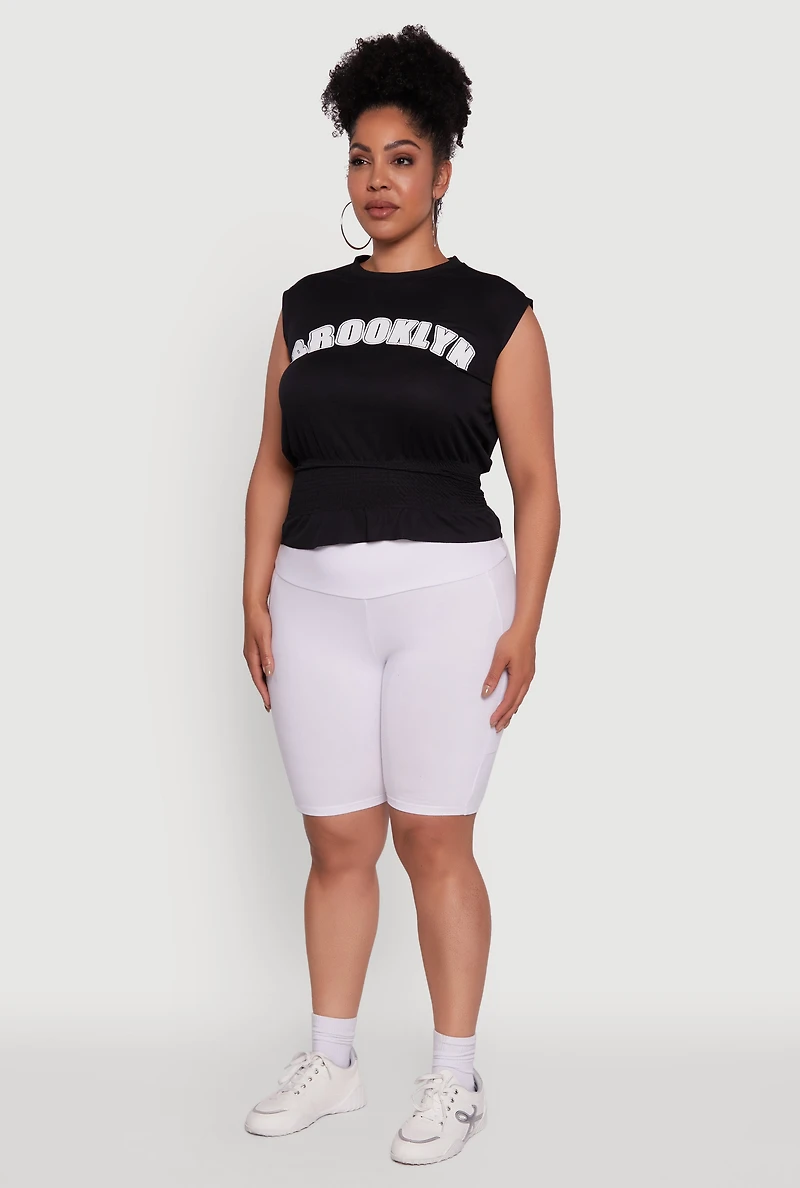 Womens Plus Size Brooklyn Queen Smocked Waist Sleeveless Top, Black, Size 1X