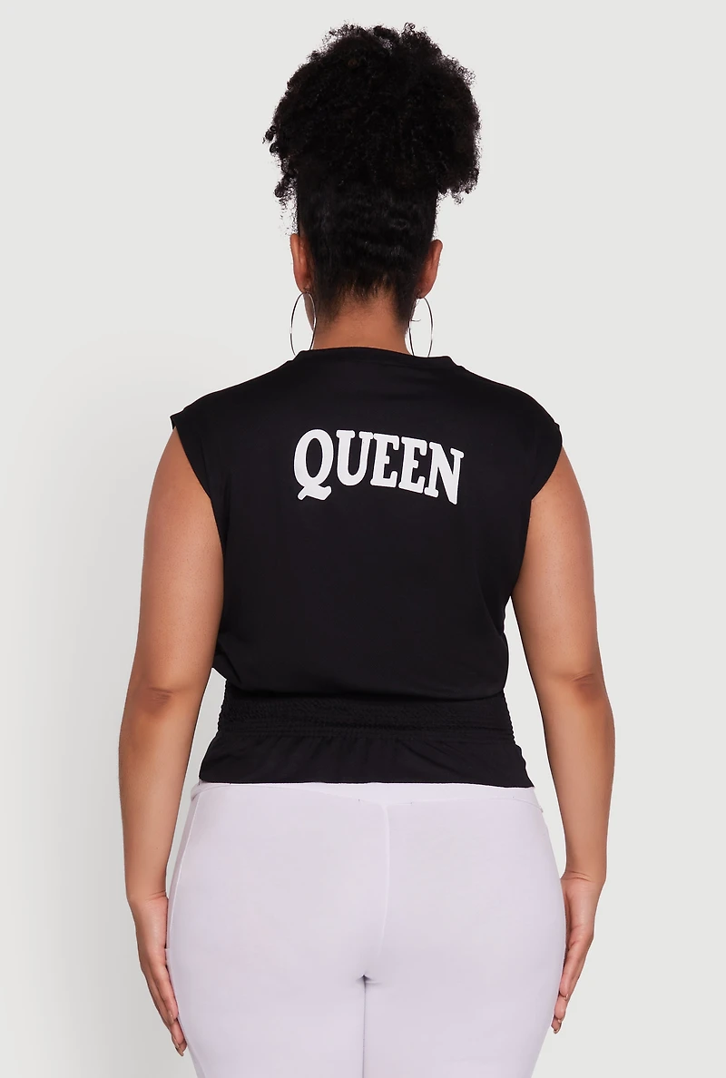 Womens Plus Size Brooklyn Queen Smocked Waist Sleeveless Top, Black, Size 1X