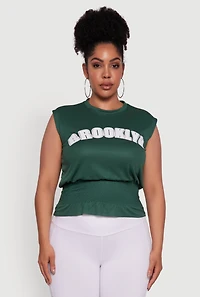 Womens Plus Brooklyn Queen Smocked Waist Sleeveless Top, Green,